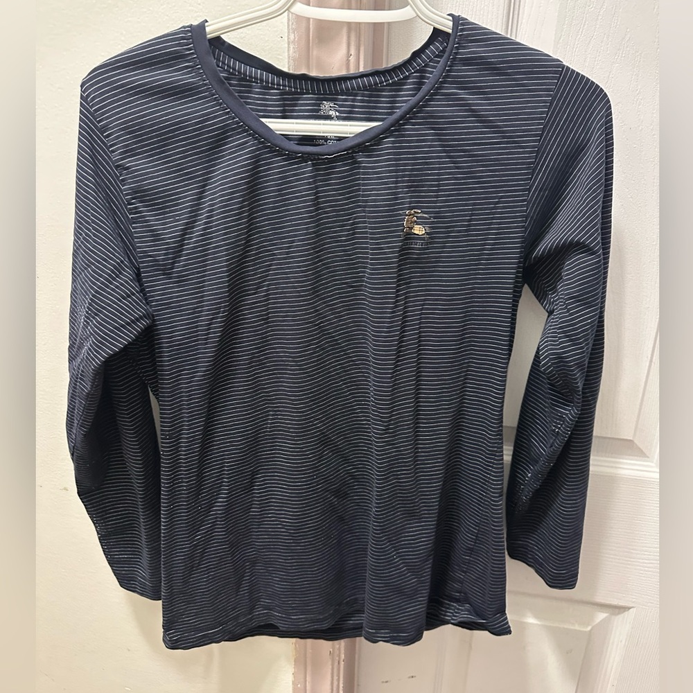 Burberry Kids XXL Long Sleeve Shirt Navy Stripe Nova Logo Youth 14 16 Cotton